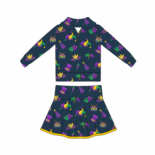 MOQ 5 preorder GLD1402 Mardi Gras Mask Navy Zipper Collar Long Sleeve Skirts Girls Yoga Sets 202510