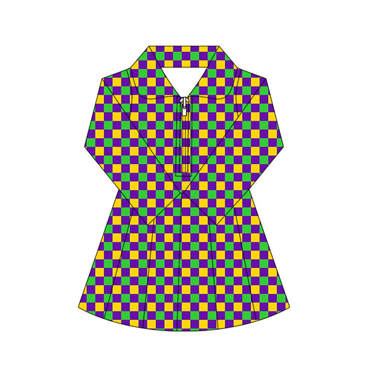 MOQ 5 preorder GLD1407 Mardi Gras Colored Plaid Zipper Collar Long Sleeve Yoga Dresses for Girls 202510