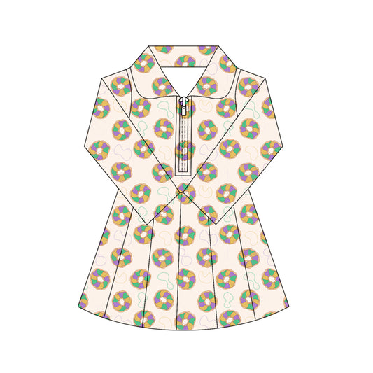 MOQ 5 preorder GLD1408 Mardi Gras Doughnut Zipper Collar Long Sleeve Yoga Dresses for Girls 202510