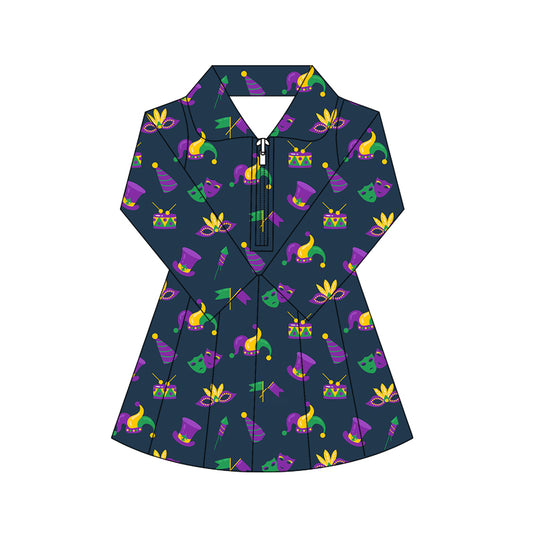 MOQ 5 preorder GLD1412 Mardi Gras Mask Navy Zipper Collar Long Sleeve Yoga Dresses for Girls 202510