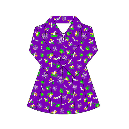 MOQ 5 preorder GLD1413 Mardi Gras Mask Purple Zipper Collar Long Sleeve Yoga Dresses for Girls 202510
