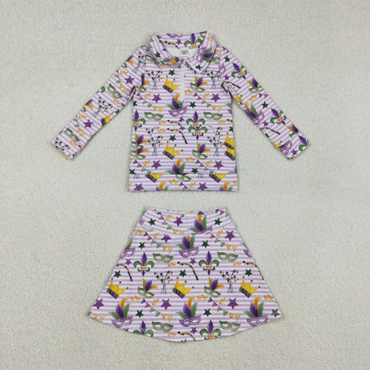 GLD1415 Mardi Gras Stripe White Zipper Collar Long Sleeve Skirts Girls Yoga Sets 202511 RTS