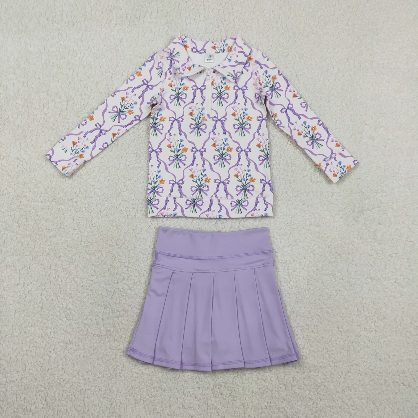 GLD1416 Flower Bows Purple Zipper Collar Long Sleeve Skirts Girls Yoga Sets 202601 RTS