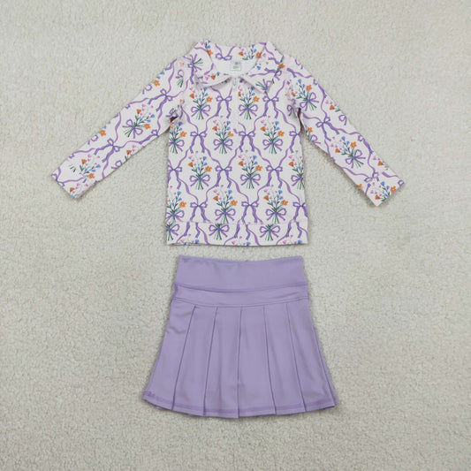 GLD1416 Flower Bows Purple Zipper Collar Long Sleeve Skirts Girls Yoga Sets 202601 RTS