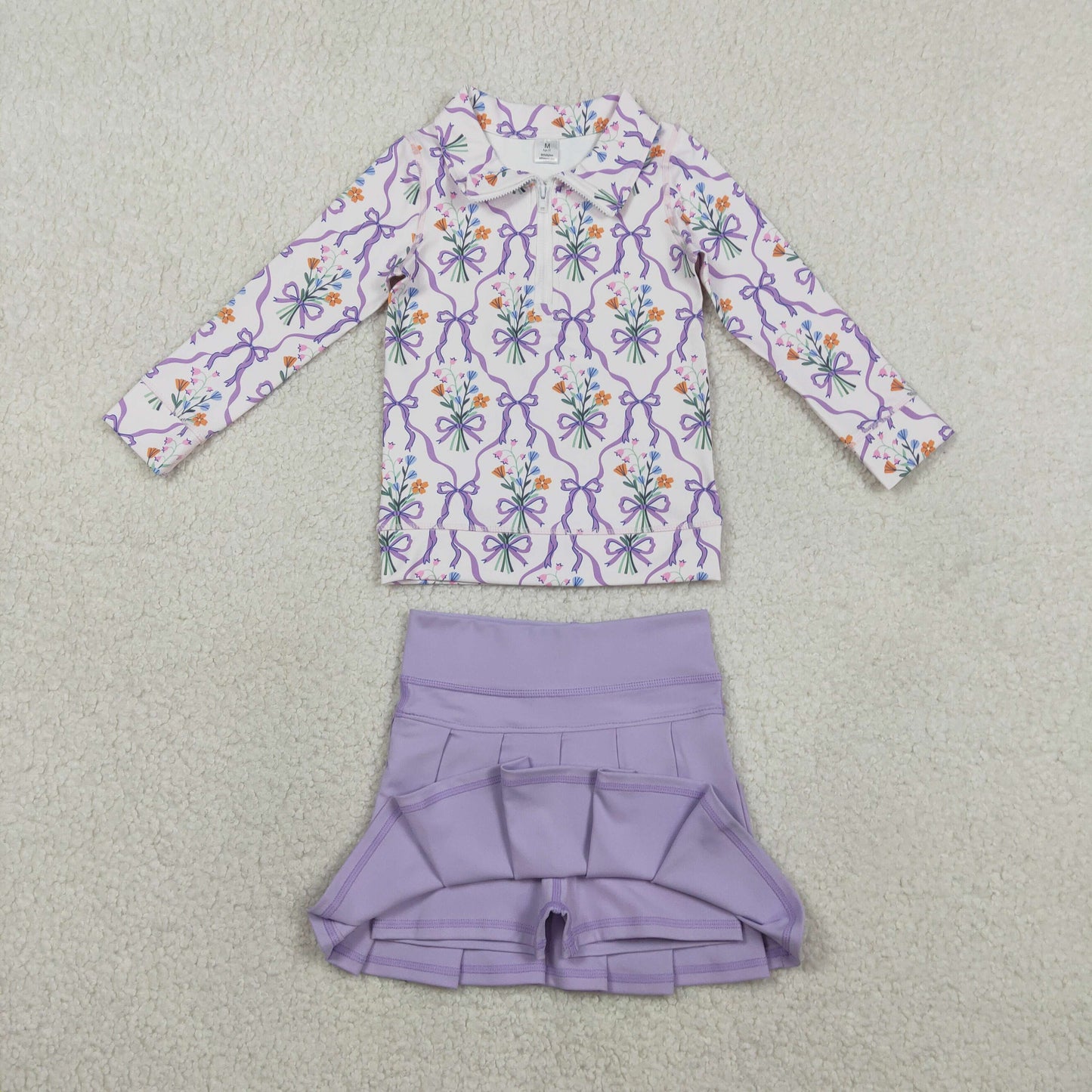 GLD1416 Flower Bows Purple Zipper Collar Long Sleeve Skirts Girls Yoga Sets 202601 RTS