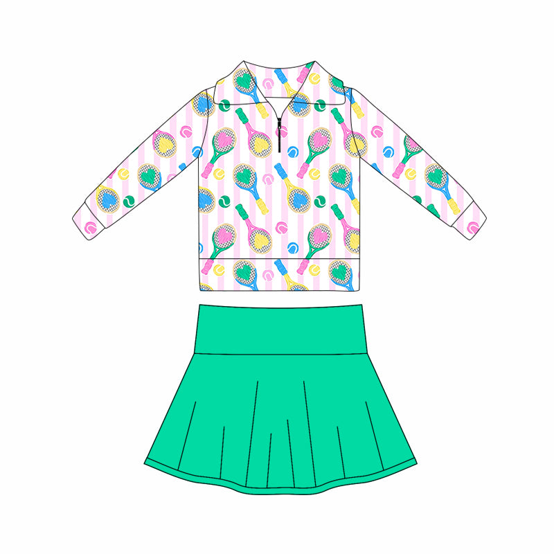MOQ 5 preorder GLD1417 Love-Shaped Racket Pink Stripe Zipper Collar Long Sleeve Solid Green Skirts Girls Yoga Sets 202510