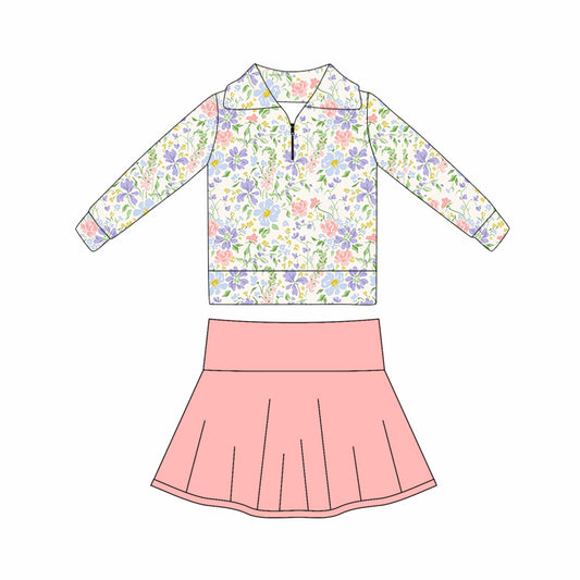 MOQ 5 preorder GLD1420 Flower Leaf Zipper Collar Long Sleeve Solid Pink Skirts Girls Yoga Sets 202510