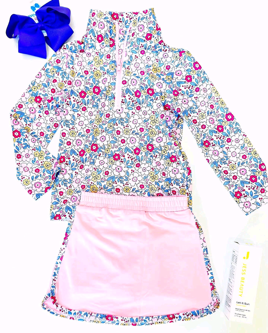 MOQ 5 preorder GLD1423 Floral Zipper Collar Long Sleeve Pink Skirts Girls Yoga Sets 202510