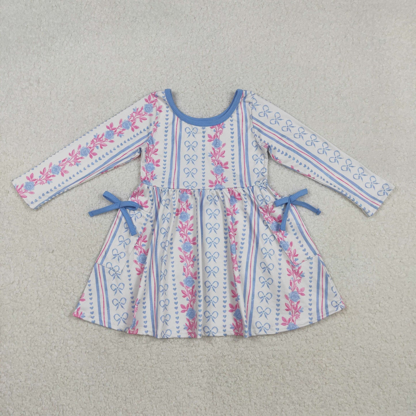 GLD1427 Flower Bows Blue Stripe Long Sleeve Dresses for Girls  202511 RTS