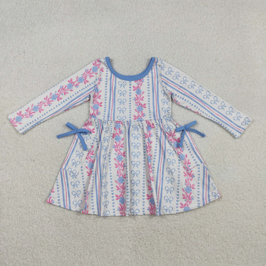 GLD1427 Flower Bows Blue Stripe Long Sleeve Dresses for Girls  202511 RTS