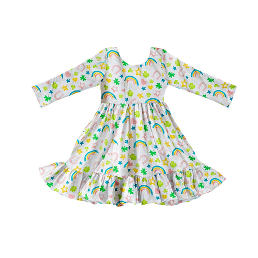 MOQ 5 Preorder GLD1430 Four-Leaf Clover Rainbow Love White Ruffle Long Sleeve Dresses for Girls  202510