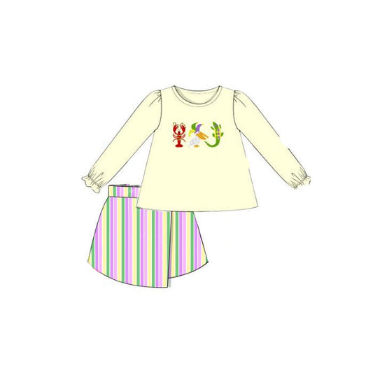 MOQ 5 preorder GLD1431 Mardi Gras Crayfish Pelican Crocodile Beige Long-Sleeved Colorful Stripe Shorts Girls Sets 202510