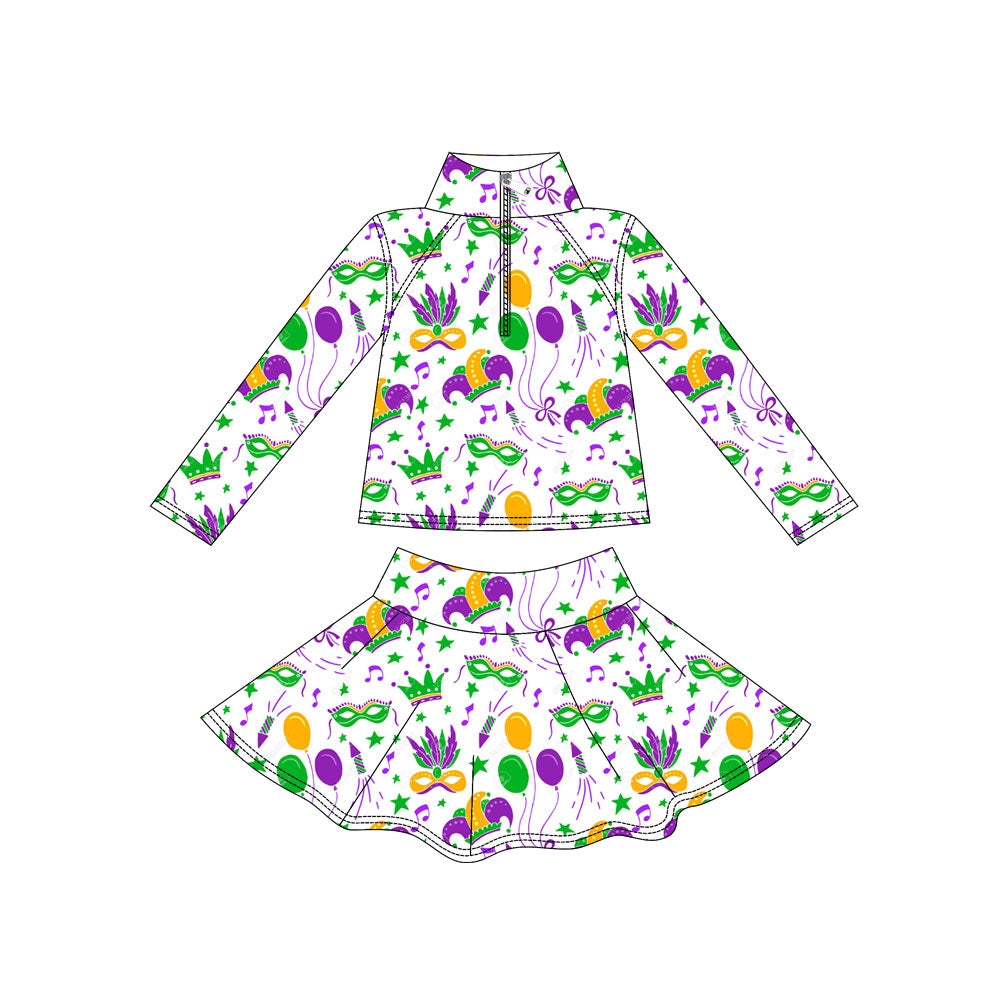 MOQ 5 preorder GLD1432 Mardi Gras White Long Sleeve Skirts Girls Yoga Sets 202511