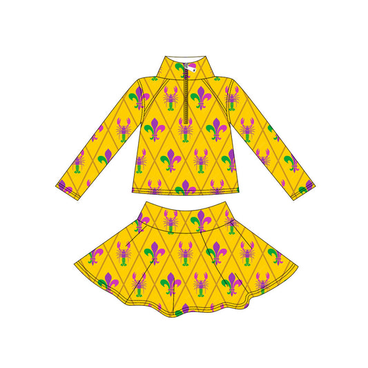 MOQ 5 preorder GLD1433 Mardi Gras Crayfish Yellow Long Sleeve Skirts Girls Yoga Sets 202511