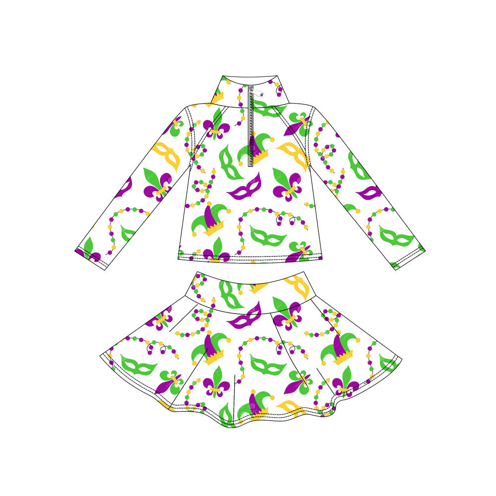 MOQ 5 preorder GLD1437 Mardi Gras Mask Hat Necklace White Long Sleeve Skirts Girls Yoga Sets 202511