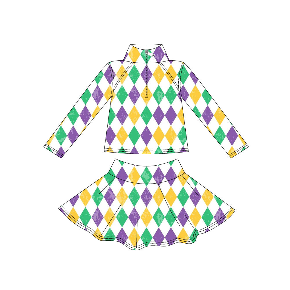 MOQ 5 preorder GLD1439 Mardi Gras Colored Plaid White Long Sleeve Skirts Girls Yoga Sets 202511