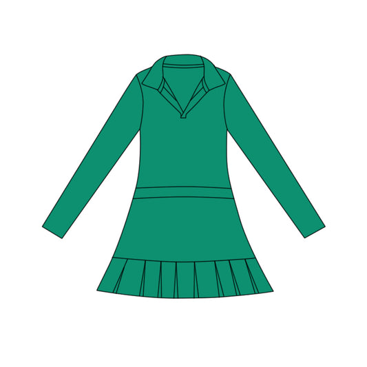 MOQ 5 preorder GLD1446 Solid Green Polo Collar Yoga Long Sleeve Dresses for Girls 202511