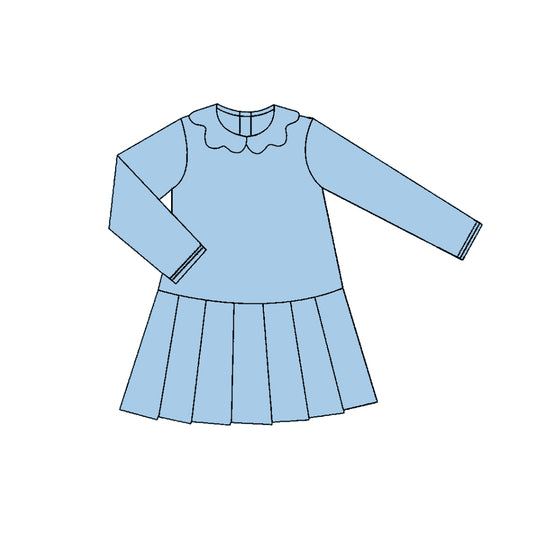 MOQ 5 preorder GLD1454 Solid Haze Blue Doll Collar Yoga Long Sleeve Dresses for Girls 202511