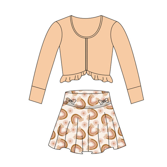 MOQ 5 preorder GLD1462 Solid Light Orange Ruffle Round Neck Long-Sleeved Floral Rainbow Skirts Girls Yoga Sets 202511