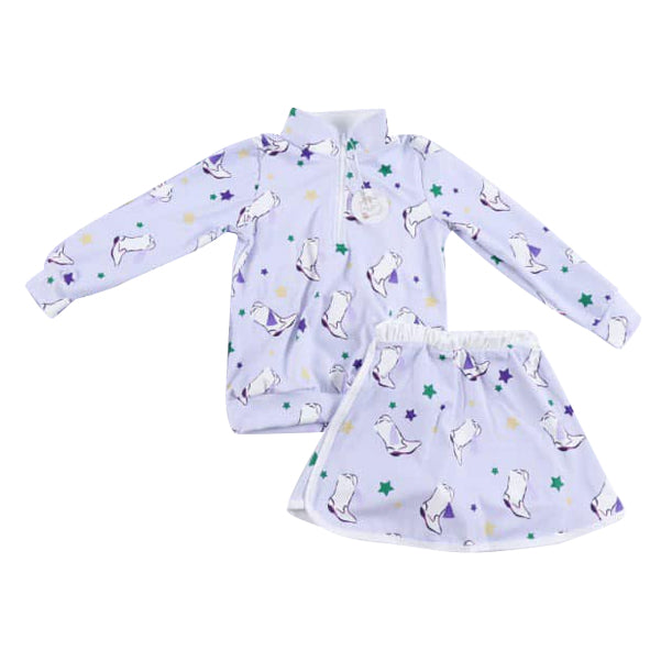 MOQ 5 PCS preorder GLD1468 Mardi Gras Boots Star Light Purple Zip Collar Long-Sleeved Skirts Girls Yoga Sets 202511