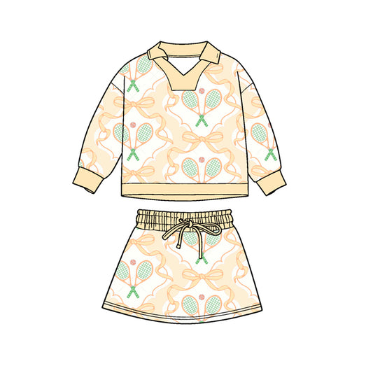 MOQ 5 PCS preorder GLD1475 Racket Orange Bow Polo Long-Sleeved Skirts Girls Sets 202511