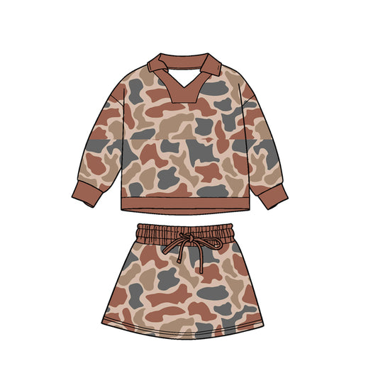 MOQ 5 PCS preorder GLD1476 Brown Camouflage Polo Long-Sleeved Skirts Girls Sets 202511