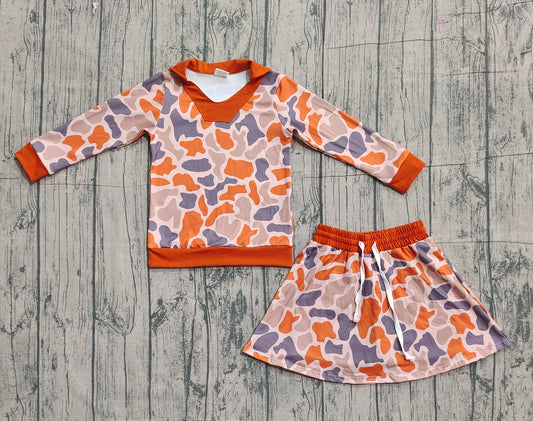 NO MOQ preorder GLD1476 Orange Camouflage Polo Long-Sleeved Skirts Girls Sets 202512