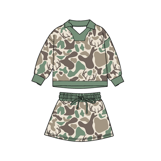 MOQ 5 PCS preorder GLD1477 Deer Hunting Green Camouflage Polo Long-Sleeved Skirts Girls Sets 202511