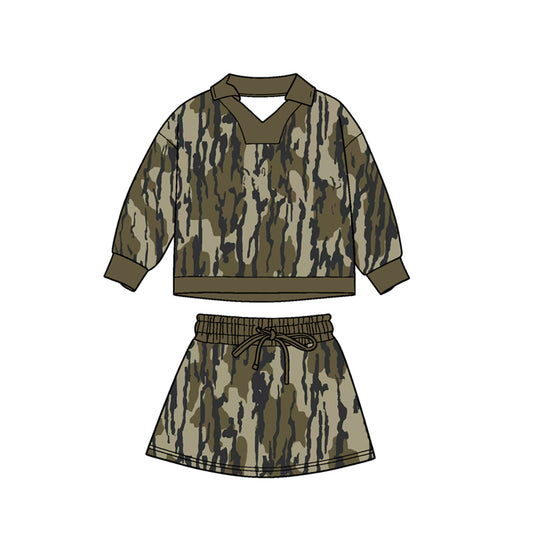 MOQ 5 PCS preorder GLD1478 Army Green Camouflage Leaf Polo Long-Sleeved Skirts Girls Sets 202511
