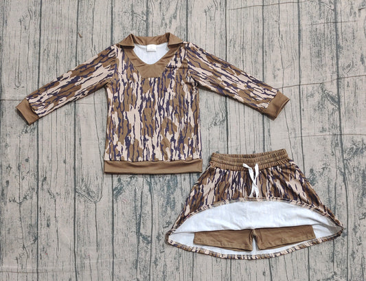 NO MOQ preorder GLD1478 Army Green Camouflage Leaf Polo Long-Sleeved Skirts Girls Sets 202512