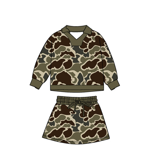 MOQ 5 PCS preorder GLD1479 Army Green Brown Camouflage Polo Long-Sleeved Skirts Girls Sets 202511