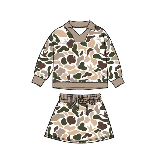 MOQ 5 PCS preorder GLD1480 Duck Hunting Beige Brown Camouflage Polo Long-Sleeved Skirts Girls Sets 202511