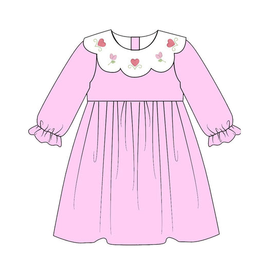 MOQ 5 PCS Preorder GLD1496 Valentines Day Love Flower Ruffle Collar Rose Red Long Sleeve Dresses for Girls  202511