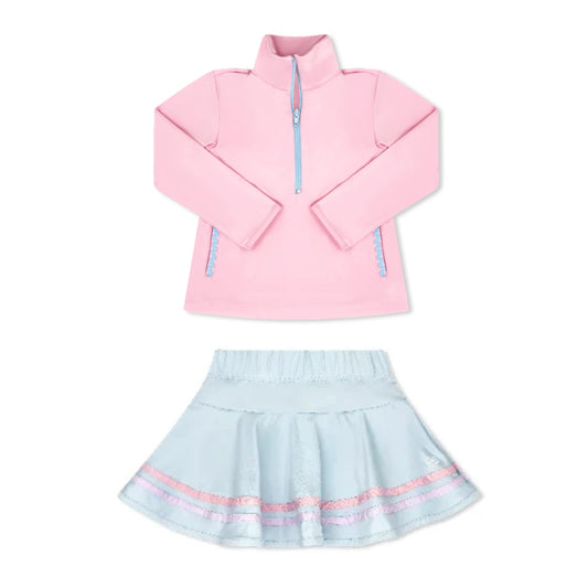 MOQ 5 preorder GLD1504 Solid Pink Zip Collar Long-Sleeved Blue Skirts Girls Yoga Sets 202511