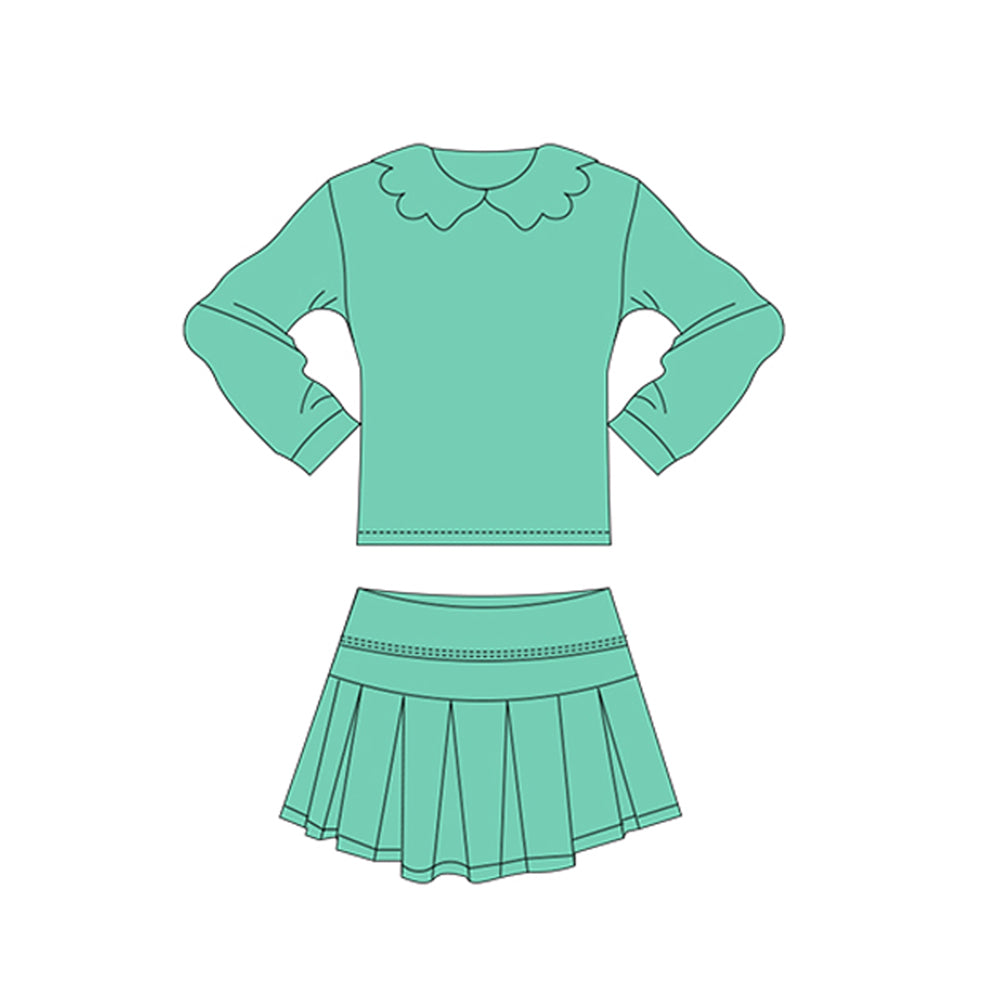 MOQ 5 preorder GLD1506 Solid Lake Green Doll Collar Long-Sleeved Skirts Girls Yoga Sets 202511