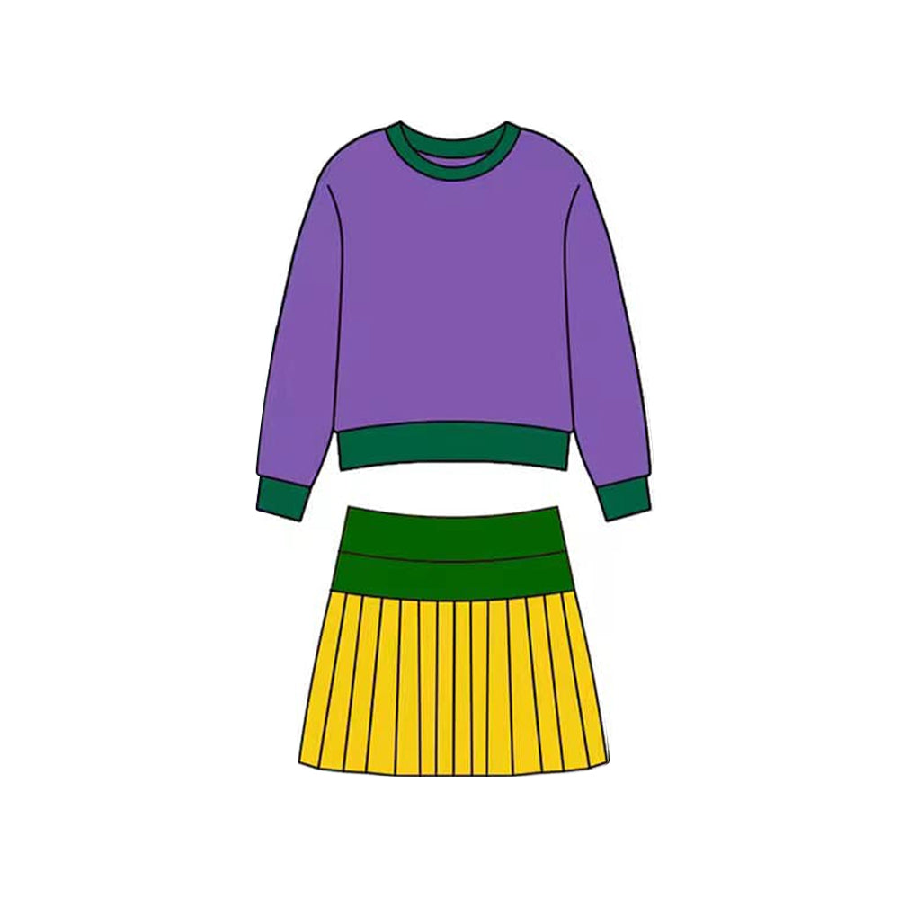 MOQ 5 preorder GLD1512 Mardi Gras Long-Sleeved Pleated Skirts Girls Yoga Sets 202511