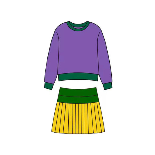 MOQ 5 preorder GLD1512 Mardi Gras Long-Sleeved Pleated Skirts Girls Yoga Sets 202511