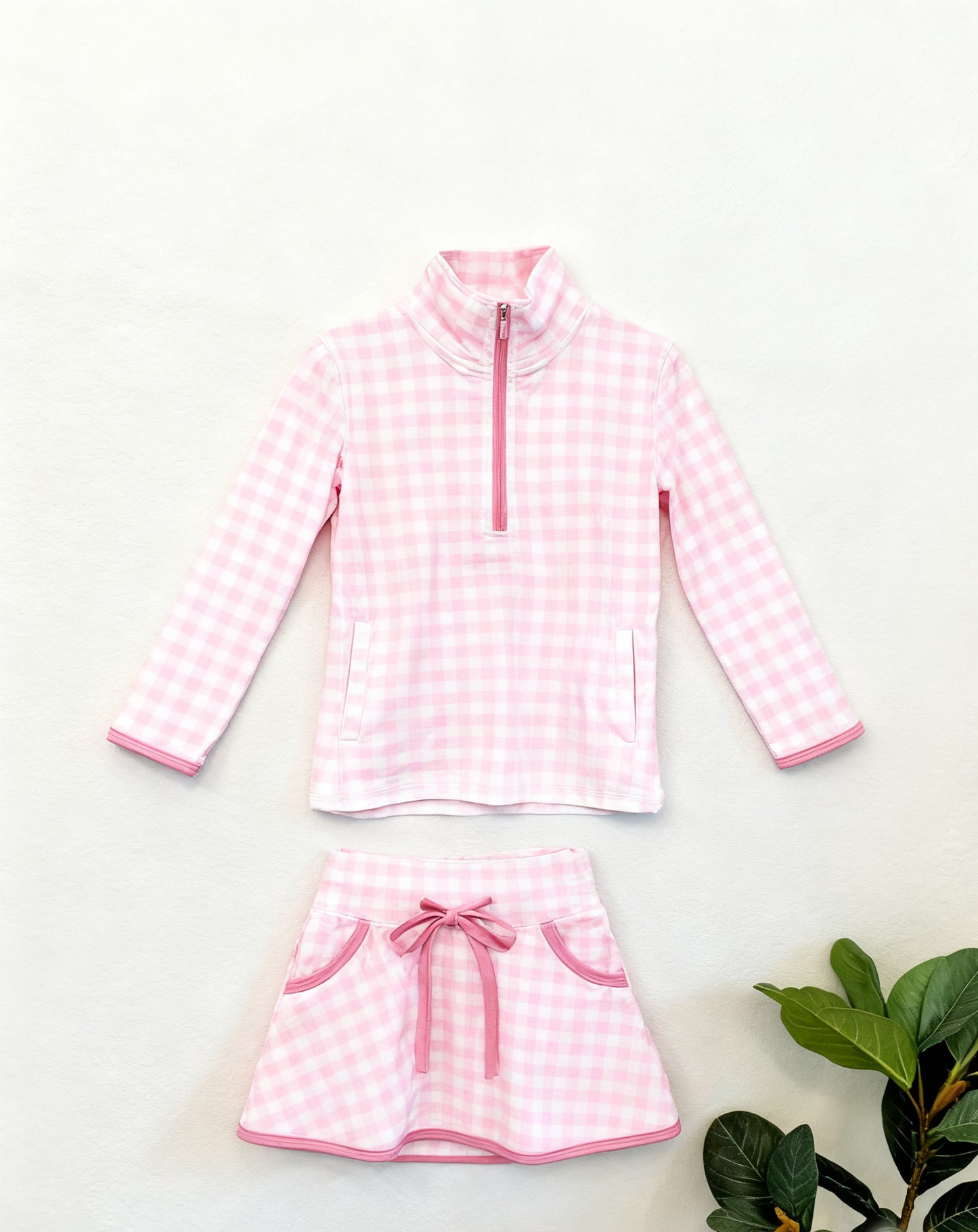 MOQ 5 preorder GLD1514 Pink Plaid Zip Collar Long-Sleeved Skirts Girls Yoga Sets 202511