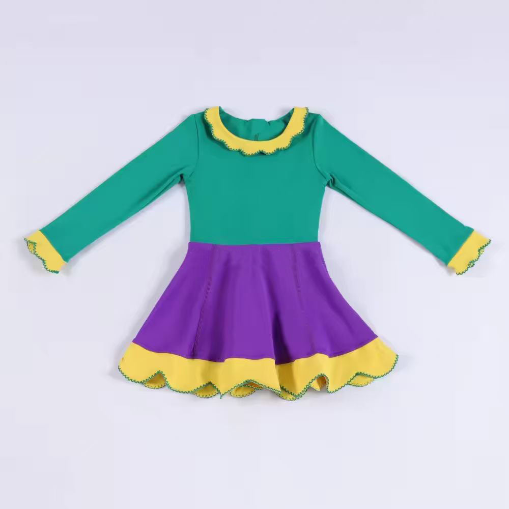 MOQ 5 PCS preorder GLD1517 Mardi Gras Yellow Green Purple Ruffle Long Sleeve Yoga Dresses for Girls 202511