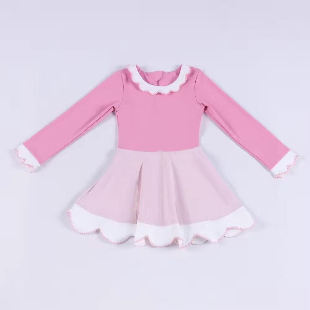 MOQ 5 PCS preorder GLD1522 White Ruffle Pink Long Sleeve Yoga Dresses for Girls 202511
