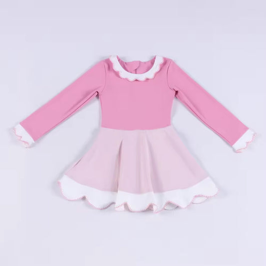 MOQ 5 PCS preorder GLD1522 White Ruffle Pink Long Sleeve Yoga Dresses for Girls 202511