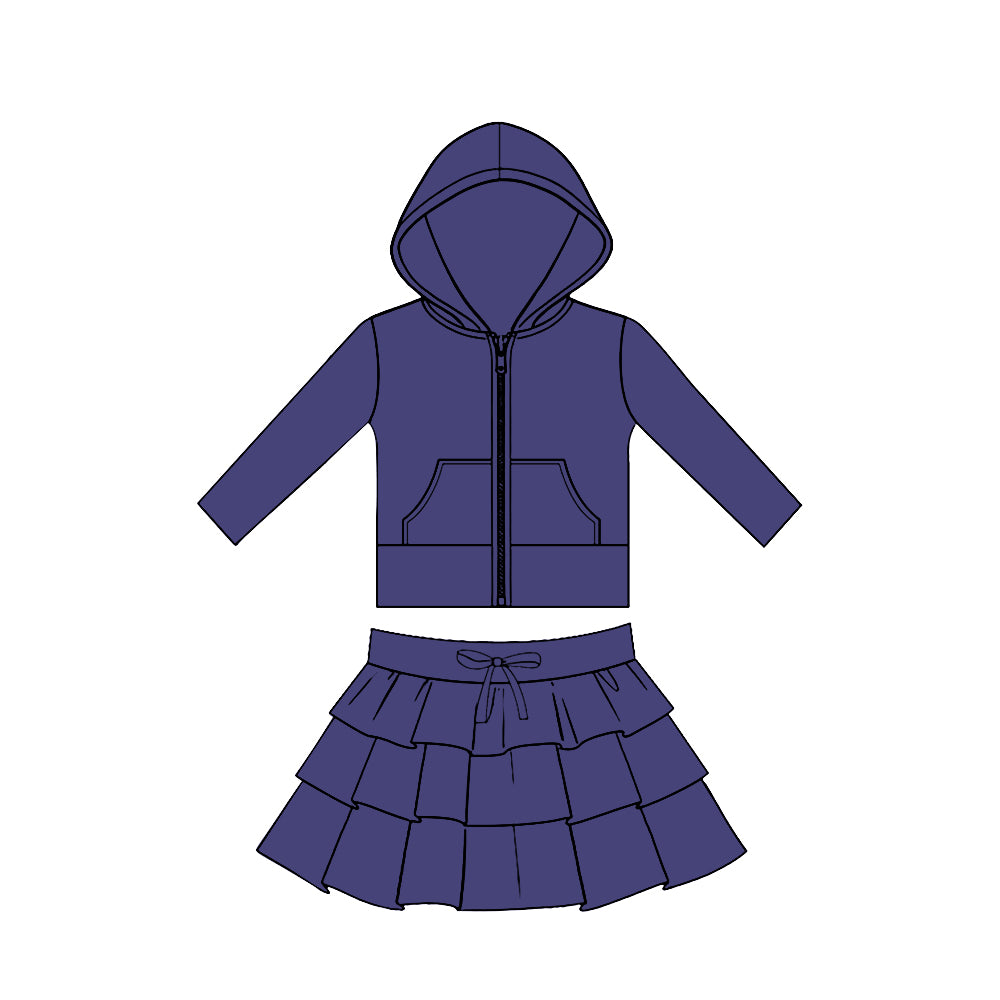 MOQ 5 preorder GLD1524 Solid Purple Pocket Zipper Hooded Long Sleeve Ruffle Skirts Girls Yoga Sets 202511