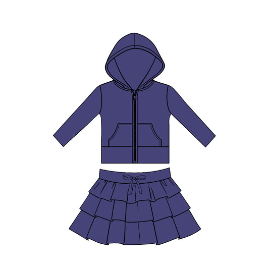 MOQ 5 preorder GLD1524 Solid Purple Pocket Zipper Hooded Long Sleeve Ruffle Skirts Girls Yoga Sets 202511