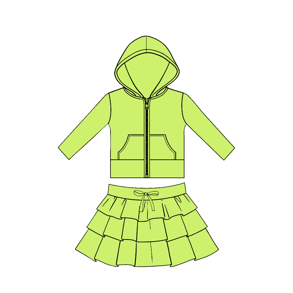 MOQ 5 preorder GLD1525 Solid Green Pocket Zipper Hooded Long Sleeve Ruffle Skirts Girls Yoga Sets 202511