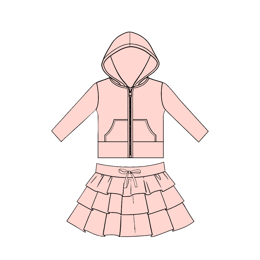 MOQ 5 preorder GLD1529 Solid Light Pink Pocket Zipper Hooded Long Sleeve Ruffle Skirts Girls Yoga Sets 202511