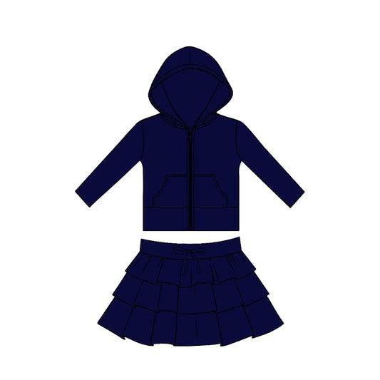 MOQ 5 preorder GLD1530 Solid Navy Pocket Zipper Hooded Long Sleeve Ruffle Skirts Girls Yoga Sets 202511