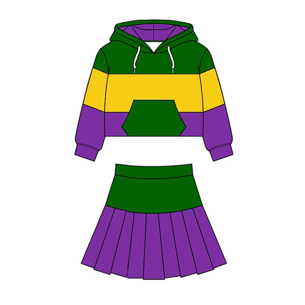 MOQ 5 preorder GLD1533 Mardi Gras Yellow Green Purple Pocket Hooded Long Sleeve Pleated Skirts Girls Yoga Sets 202511