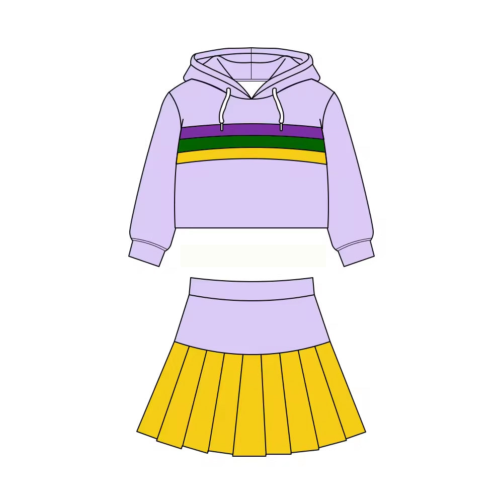 MOQ 5 preorder GLD1534 Mardi Gras Stripe Purple Hooded Long Sleeve Pleated Skirts Girls Yoga Sets 202511