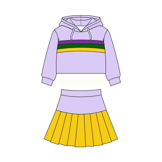 MOQ 5 preorder GLD1534 Mardi Gras Stripe Purple Hooded Long Sleeve Pleated Skirts Girls Yoga Sets 202511