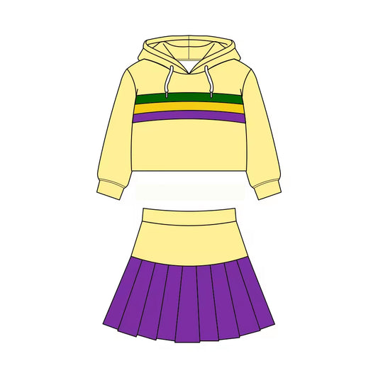 MOQ 5 preorder GLD1535 Mardi Gras Stripe Yellow Hooded Long Sleeve Pleated Skirts Girls Yoga Sets 202511